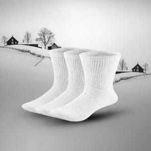 May include: Three white, ribbed-knit socks are displayed against a black and white winter landscape. The socks are thick and appear to be made of a soft material. The background features a snowy hill with houses and trees.