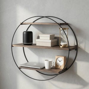 May include: A round, three-tiered wall shelf with a black metal frame and wooden shelves. Items on the shelves include a black speaker, boxes, an hourglass, a laptop, a mug, and a wooden clock.
