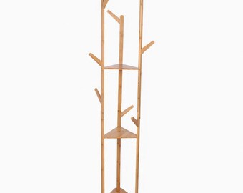 Bamboo Coat Rack Stand with Hooks, Modern Entryway Organizer, Umbrella Holder