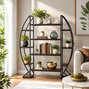 Moon Shaped Plant Stand Multi Tier Indoor Flower Pot Holder Metal Wood Curved Display Shelf Vintage Industrial Plant Rack Home Decor