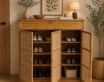 Wooden Shoe Storage Cabinet with Drawer | Entryway Cupboard Organizer Home Storage