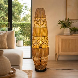 Hand Woven Rattan Floor Lamp for Living Room Bedroom, Corner Standing Lamp with 3 Color LED Light & Pedal Switch, Boho Wicker Lamp