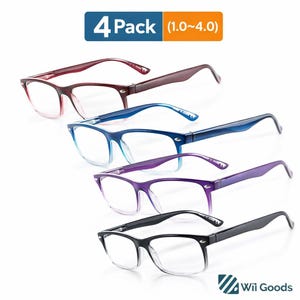 4 Pack Rectangular Reading Glasses – Spring Hinge, UV400 Protection, Unisex Eyewear Set