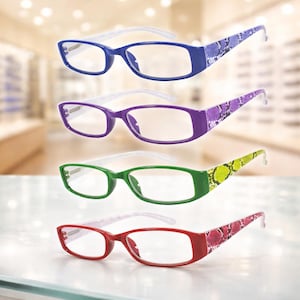 May include: Four pairs of eyeglasses in blue, purple, green, and red. Each pair has a solid color frame with a snakeskin pattern on the temples. The glasses have clear lenses and white arms.