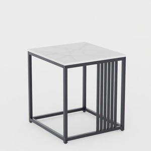 May include: A modern side table with a white marble-look top and a black metal frame. The table has a square top and a linear design on one side. The table measures approximately 20 inches in height and width.