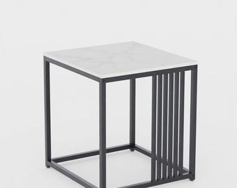 Minimalist Sintered Stone Side Table, Marble-Look Top, Black Metal Frame Nightstand