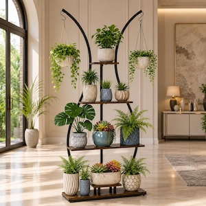 5-Tier Tall Plant Stand, Industrial Tiered Shelf, Metal Frame Plant Rack, Vintage Indoor Outdoor Flower Display, 71in Tall Plant Shelf