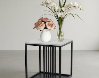 Minimalist Sintered Stone Side Table, Marble-Look Top, Black Metal Frame Nightstand