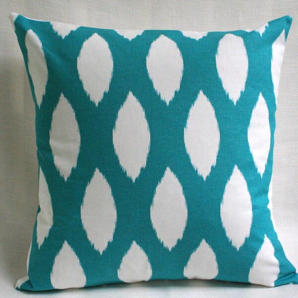 Blue Accent Pillow Cover Ikat Print Cotton in Aqua and White Pillows