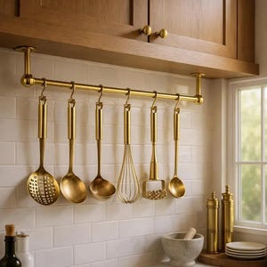 May include: A gold-toned metal kitchen rail mounted under wooden cabinets, featuring six matching gold-toned kitchen utensils hanging from S-hooks, including a slotted spoon, a ladle, a solid spoon, a wire whisk, a masher, and a small ladle.
