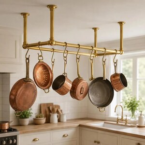 Brass Ceiling Pot Rack, Hanging Kitchen Pot Rack, Ceiling Mounted Pan Rack with S Hooks, Vintage Brass Cookware Storage Rack