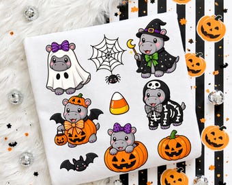 Halloween-Nilpferd (PNG) | Niedliches Nilpferd-Kostüm (Sublimationsdruck) | Nilpferd-Clipart mit Geisterhexe und Skelett | Halloween-Shirt für Kinder | Nilpferd-Halloween-Shirt