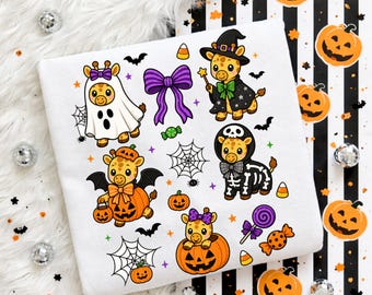 Halloween-Giraffe (PNG) | Niedliches Giraffenkostüm-Sublimationsdesign | Geister-Hexen-Skelett-Giraffe-Boo-Halloween-Shirt | Kinder-Halloween-Shirt (PNG)
