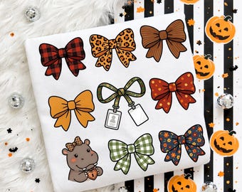 PNG-Bundle mit koketter Herbstschleife | Karierte Leoparden-Hahnentritt-Schleife (Clipart) | Nilpferd-Lanyard-Schleife (Sublimation) | Herbst für Lehrer | Nilpferd-Halloween-Shirt