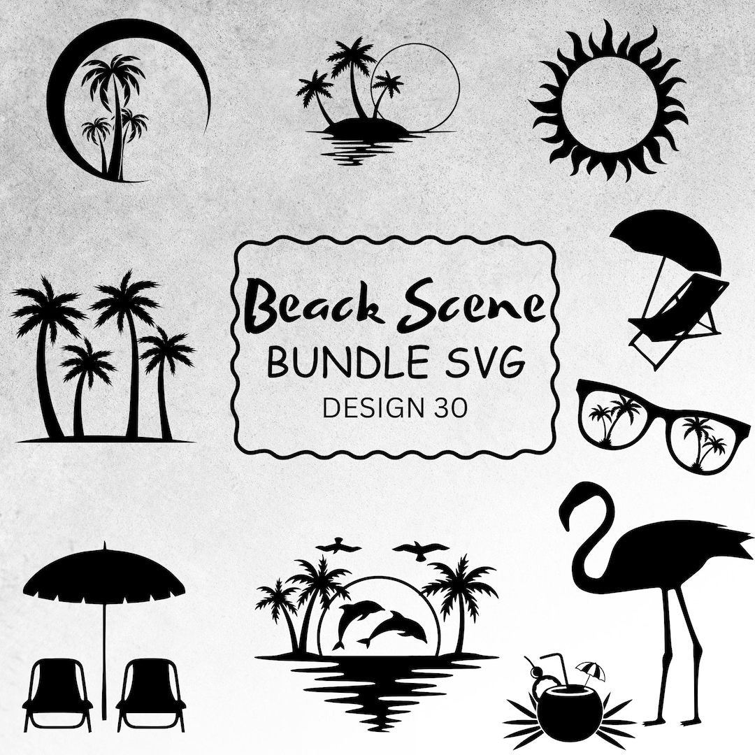 Tropical Beach Scene SVG Bundle | Palm Tree Silhouette | Sunset Beach ...