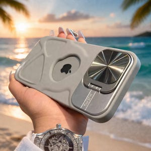 May include: A light gray phone case with a silver metal ring holder. The case has a textured design and an Apple logo cutout. The ring holder is rectangular with the text "MADE IN KOREA" on it.