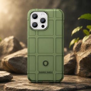 Könnte beinhalten: Eine olivgrüne Smartphone-Hülle mit gitterartigem Design auf der Rückseite. Die Hülle zeigt ein kreisförmiges Schild-Logo und den Schriftzug RUGGED SHIELD im unteren Bereich. Sie hat eine Aussparung für eine Dreifachkamera mit silbernem Rand.