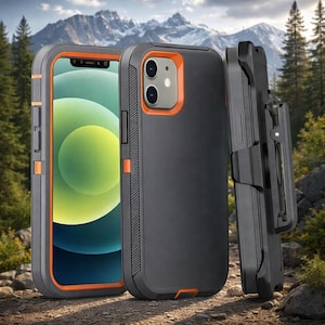 May include: A robust black and orange phone case with a belt clip. The case has a rugged design with a protective bumper and screen protector. The phone case is designed to protect the phone from drops and scratches.