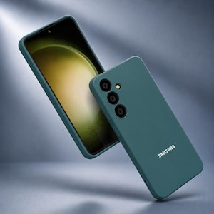 May include: A teal-colored phone case and a smartphone with a teal case are displayed against a gradient background. The phone case has three camera lenses and the Samsung logo. The phone screen displays a yellow and green image.