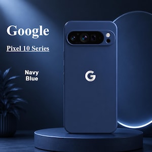 May include: A navy blue Google Pixel 10 Series smartphone featuring a prominent horizontal camera bar on the back with multiple lenses and a flash. The device displays a white Google G logo in the center and includes the text Google Pixel 10 Series Navy Blue.