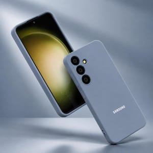 May include: A light blue Samsung phone case and a smartphone with a yellow and green screen. The phone case has three camera cutouts and the Samsung logo. The phone is in a light blue case.