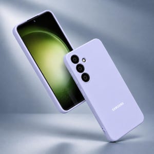 May include: A light purple phone case and a smartphone with a green and yellow screen. The phone case has three camera lenses and the word "SAMSUNG" printed on the back. The phone is in a light purple case.