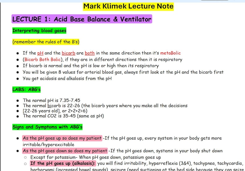 May include: A lecture note titled "Mark Klimek Lecture Note" with the title "Acid Base Balance & Ventilator". The text includes information on interpreting blood gases, normal pH and bicarb levels, and signs and symptoms associated with ABG's.