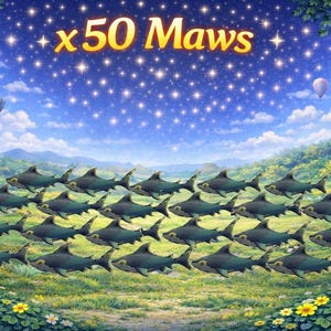 May include: A fantasy illustration featuring a field of sharks under a starry sky with hot air balloons. The image includes the text "x50 Maws". A waterfall and a building are in the background, set in a landscape of flowers and grass.