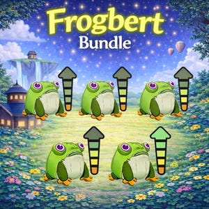 May include: An illustrated image with the text "Frogbert Bundle" features several cartoon frogs with purple eyes and green bodies. Each frog is positioned near a color-coded arrow, set against a whimsical landscape with a waterfall and hot air balloons.