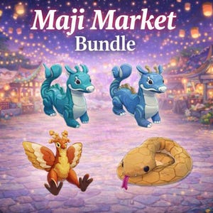 May include: An illustration of a Maji Market Bundle featuring two blue dragon figures, a winged creature, and a coiled snake. The image has the text "Maji Market Bundle" at the top, with a background of a night market with lanterns.