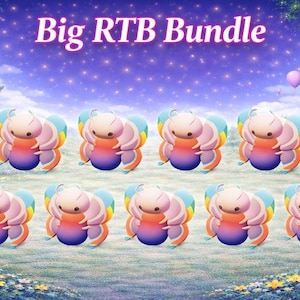 Könnte beinhalten: Ein Bild mit dem Text "Big RTB Bundle" über einer Sammlung von zehn cartoonartigen, bunten raupenartigen Kreaturen. Der Hintergrund zeigt eine Fantasielandschaft mit Wasserfall, Blumen und schwebenden Ballons.