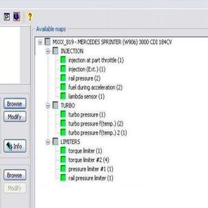 Puede incluir: Una captura de pantalla de una interfaz de software que muestra los mapas disponibles para un Mercedes Sprinter. La interfaz enumera varios parámetros del motor con indicadores verdes.