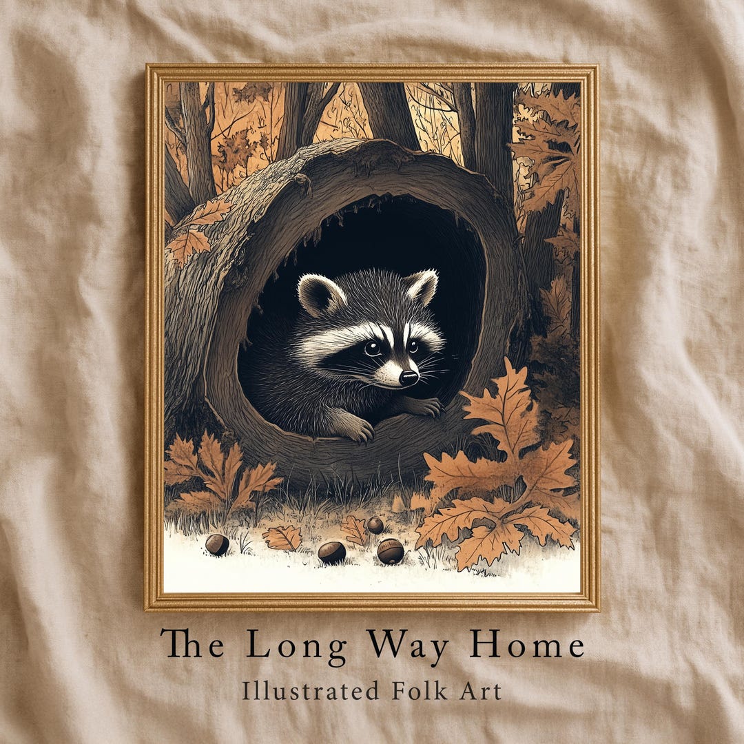 Rustic Raccoon Printable Woodland Raccoon in Hollow Log - Folk Art Style Rustic Autumn ...