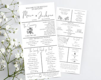 Pode incluir: Programa de casamento de duas páginas com texto preto em papel branco. O programa inclui os nomes "Mona + Jackson", a data e detalhes sobre a cerimónia, o cortejo nupcial e a receção. Estão presentes detalhes florais.