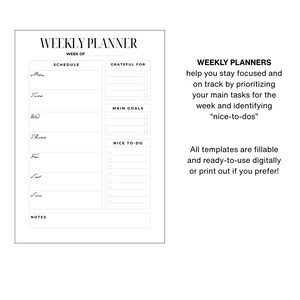 Puede incluir: Un planificador semanal blanco con el texto "WEEKLY PLANNER" en la parte superior. El planificador incluye secciones para programar, gratitud, objetivos principales y tareas agradables. El texto de la derecha describe las características del planificador.