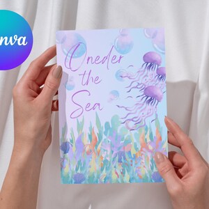 Può includere: Un biglietto di auguri a tema "Sotto il mare", con illustrazioni ad acquerello di meduse, bolle e alghe nei toni del viola, blu e verde. Il logo Canva si trova nell'angolo in alto a sinistra.