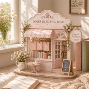 May include: A miniature wooden bookshop display featuring a pink and white striped awning, a sign reading 'BOOKS READ THIS YEAR', and three hanging tags numbered 1, 5, and 8. It includes a small table, a pitcher with flowers, and a chalkboard sign.