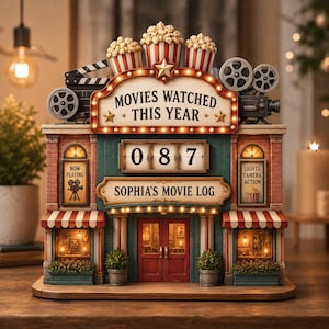 Peut inclure: Figurine décorative sur le thème du cinéma avec le texte "MOVIES WATCHED THIS YEAR" et "SOPHIA'S MOVIE LOG". La figurine a un chapiteau avec du pop-corn, des bobines de film et un clap de cinéma. Le nombre "087" est affiché. Le bâtiment est rouge, bleu sarcelle et marron.