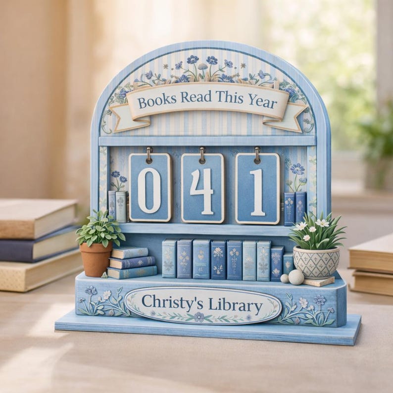 May include: A light blue wooden bookshelf-style counter with the text "Books Read This Year" and "Christy's Library." The counter displays the number "041" on hanging blue tags. Miniature books and potted plants decorate the shelves.