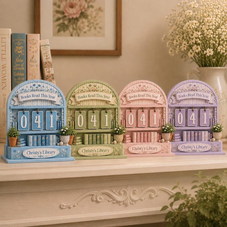May include: Four decorative book-themed counters in pastel colors: blue, green, pink, and purple. Each counter displays "041" with a banner reading "Books Read This Year" and "Christy's Library" below. Miniature books and potted plants complete the design.