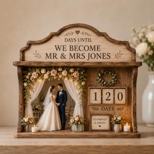 Puede incluir: Exhibidor de cuenta regresiva de boda de madera con una figura en miniatura de novios. La pantalla presenta un letrero que dice "Days Until We Become Mr & Mrs Jones". Incluye un arco floral, velas y un calendario de bloques que muestra "120 Days".