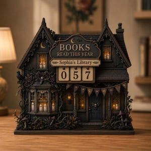 Może przedstawiać: Ciemny, domowy licznik przeczytanych książek w stylu gotyckim z napisem "BOOKS READ THIS YEAR" oraz "Sophia's Library" nad mechanicznym licznikiem wskazującym "057". Konstrukcja jest ozdobiona figurkami duchów, czaszkami i fioletowymi kwiatami.