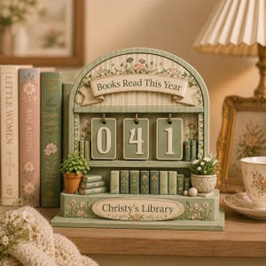 May include: A decorative wooden bookshelf with the text "Books Read This Year" and "Christy's Library". The bookshelf displays the numbers "041" and has miniature books and potted plants. The color scheme is primarily green and cream.