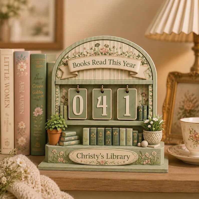 May include: A decorative wooden bookshelf with the text "Books Read This Year" and "Christy's Library". The bookshelf displays the numbers "041" and has miniature books and potted plants. The color scheme is primarily green and cream.