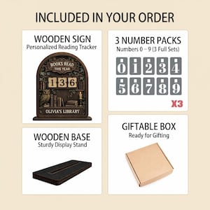 May include: A wooden reading tracker with the text "BOOKS READ THIS YEAR" and the numbers "136". Includes number packs, a wooden base, and a giftable box. The sign is personalized with "OLIVIA'S LIBRARY".
