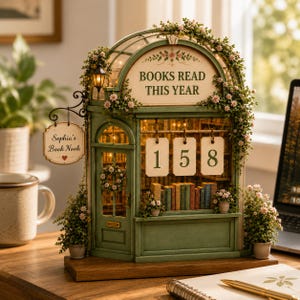 以下が含まれることがあります： 「BOOKS READ THIS YEAR」の文字と数字「158」が表示された、緑色のミニチュア書店。お店は花で飾られ、「Sophia's Book Nook」と書かれた看板があります。横には小さなランプがあります。