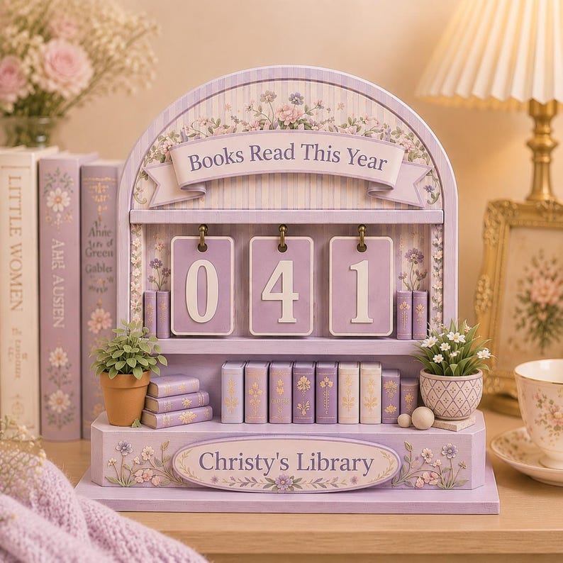 May include: A lavender wooden bookshelf-style book counter with the text "Books Read This Year" and "Christy's Library". The counter displays the number "041" and includes miniature books and potted plants. A floral design decorates the counter.