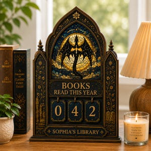 Może przedstawiać: Ciemny, łukowaty drewniany licznik przeczytanych książek z ilustracją smoka w stylu witrażu, napisem "BOOKS READ THIS YEAR", trzema obrotowymi płytkami z cyframi "042" oraz spersonalizowanym napisem "SOPHIA'S LIBRARY" u podstawy.
