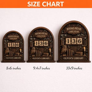 May include: Wooden bookshelf-themed decor with the text "BOOKS READ THIS YEAR" and "136". The design includes an owl, books, and candles. Available in three sizes: 8x6 inches, 9.4x7 inches, and 10x9 inches.