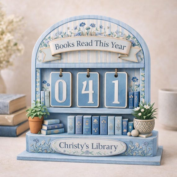 Blue Botanical Wooden Book Tracker, Books Read This Year Counter, Personalized Library Sign, Blue Stripe Reading Tracker, Book Lover Gift